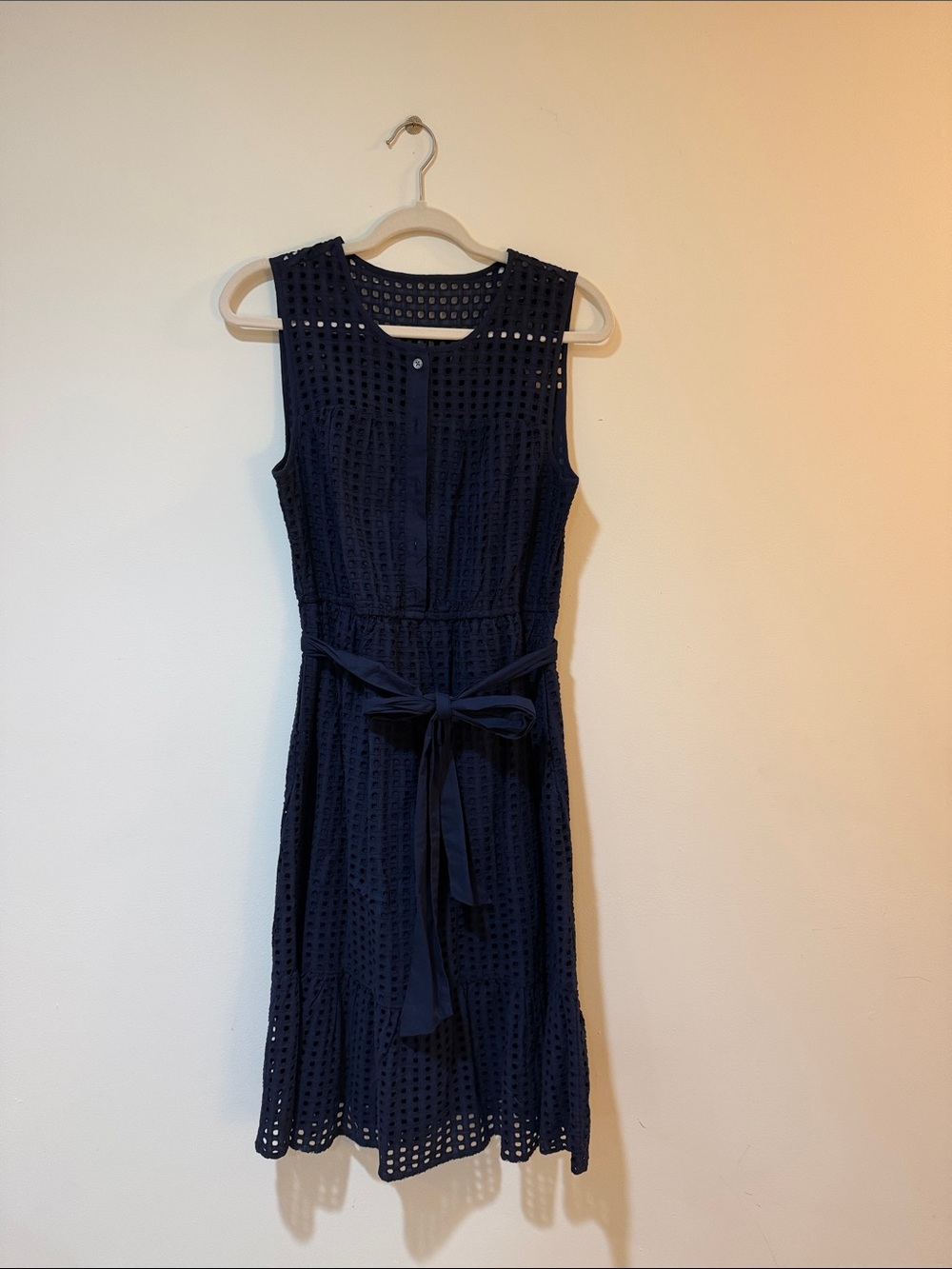 J. Crew Navy Sleeveless Eyelet Tie-Waist Midi Dress
